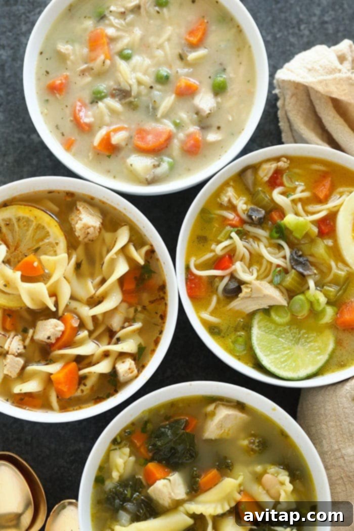 Variety of Delicious Chicken Noodle Soups Four different varieties of chicken noodle soup bowls, showcasing diverse styles.