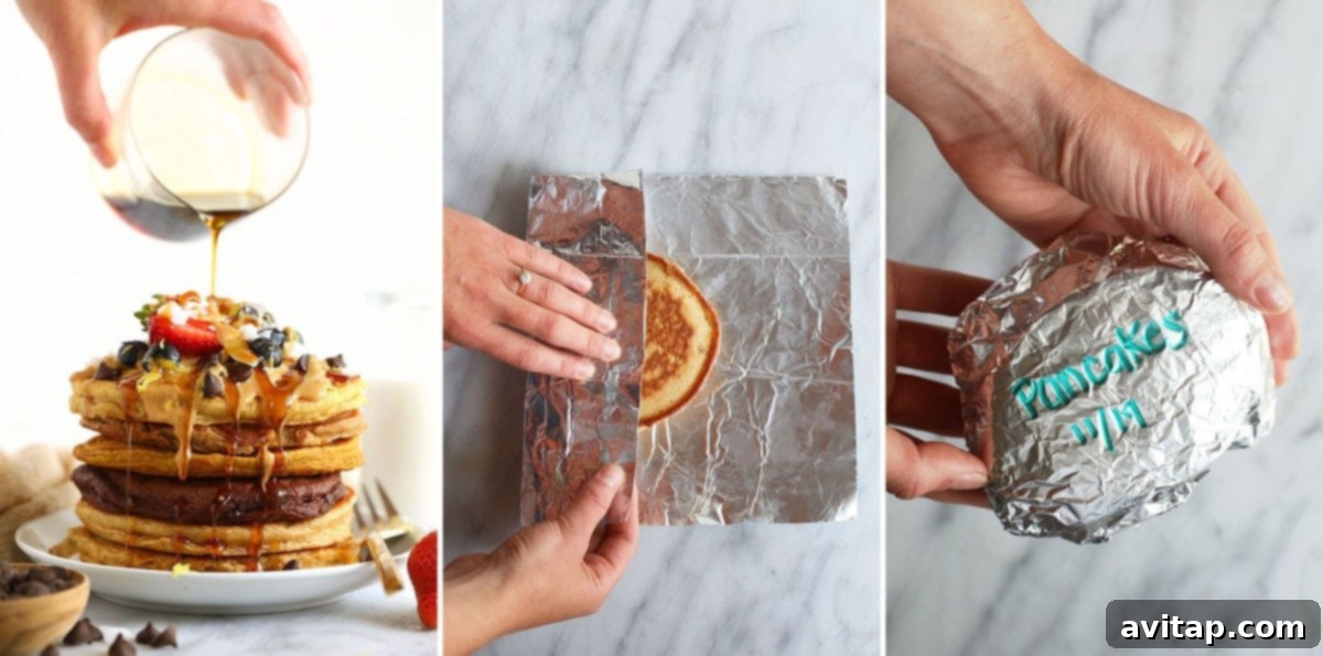 Freezer-friendly healthy pancakes stacked and ready for storage
