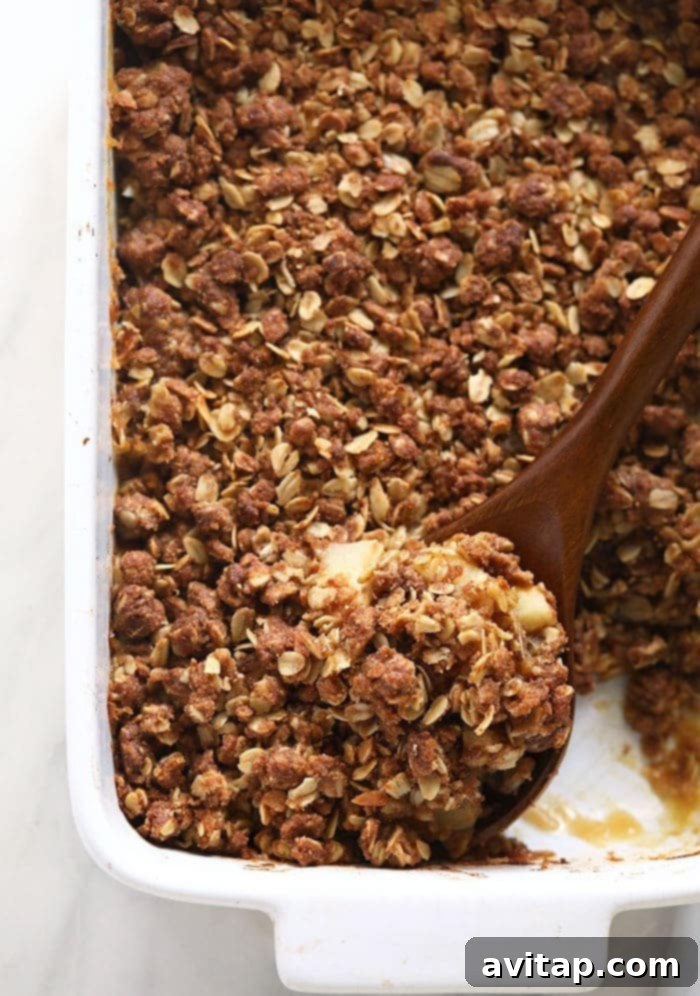 Golden-brown apple crisp in a rustic baking dish, ready to be served, capturing the essence of fall with its inviting texture and warmth.