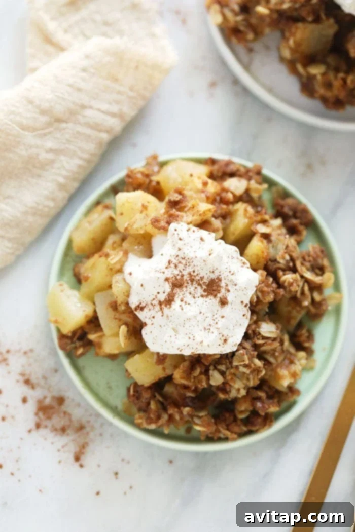 A single serving of apple crisp on a white plate, beautifully topped with a scoop of melting vanilla ice cream, perfectly ready to be savored.