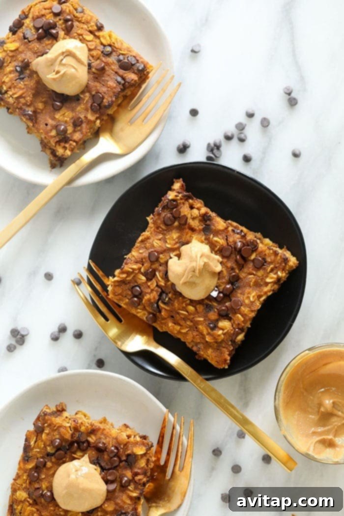 Delicious Pumpkin Baked Oatmeal served on plates, topped with mini chocolate chips