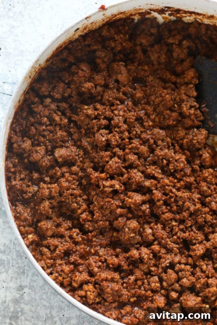 Weeknight Ground Beef Tacos 4 ground beef taco meat in a skillet