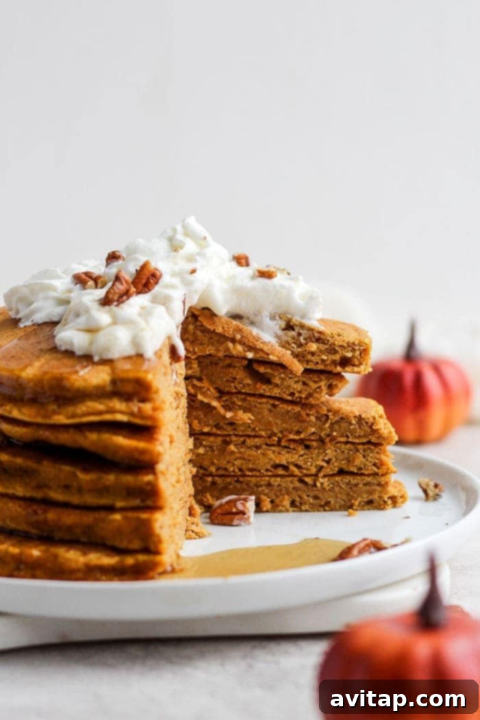 Plated Pumpkin Pancakes with Pecans and Maple Syrup A beautifully plated stack of pumpkin pancakes, garnished with pecans and syrup.