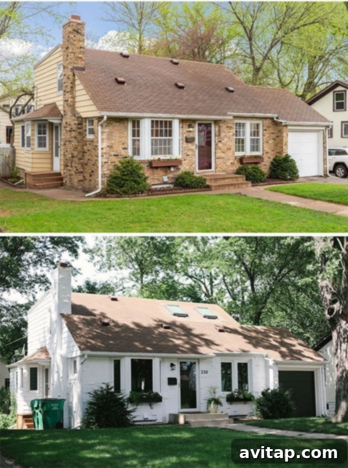 Before and after of a white painted brick house exterior