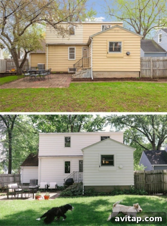 Before and after of white painted siding on a house