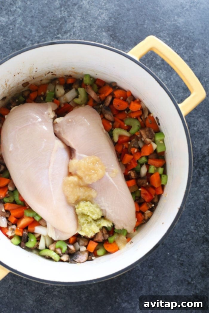 A large cooking pot on a stovetop, filled with raw chicken breast, a colorful mix of chopped vegetables like carrots, celery, onion, and mushrooms, and aromatic spices, all simmering in a fragrant broth, ready to be transformed into a delicious Ramen Chicken Noodle Soup.