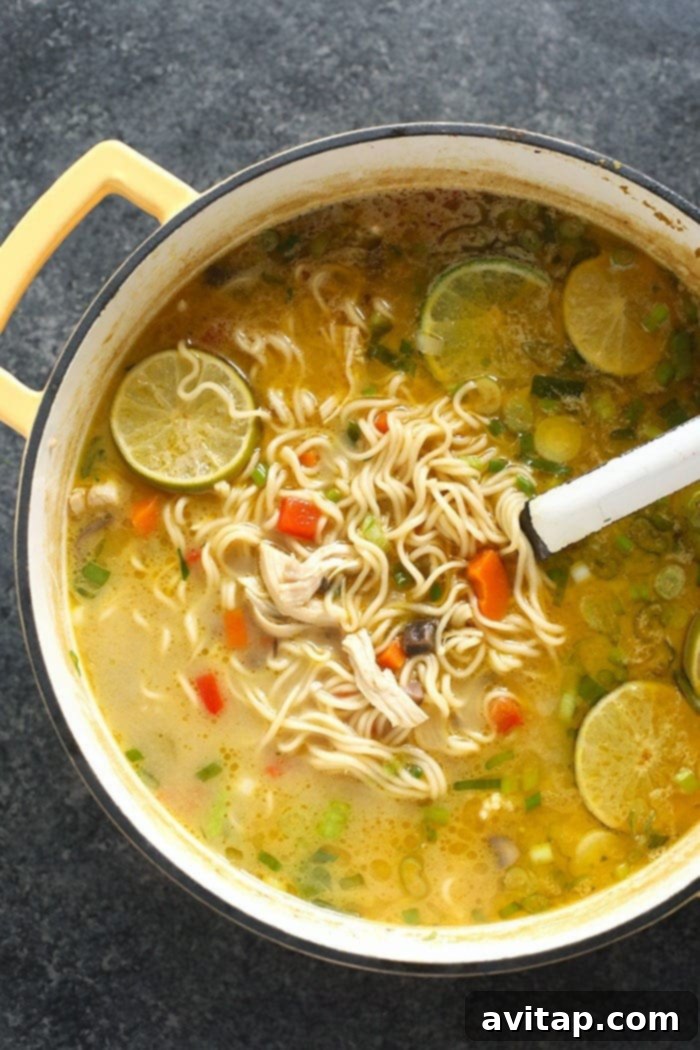 A large stock pot filled with the vibrant, aromatic broth of Ramen Chicken Noodle Soup, containing tender chicken and a medley of colorful vegetables, simmering gently on the stovetop, emanating an inviting warmth and rich fragrance.
