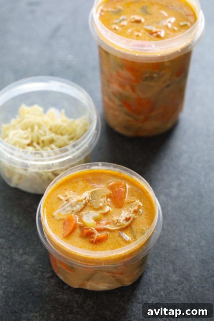Multiple airtight containers, clearly labeled and filled with the delicious Ramen Chicken Noodle Soup base (without noodles), neatly arranged and ready for efficient freezing and future meals.