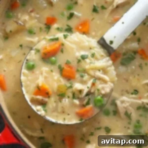 A creamy spoonful of chicken noodle soup with carrots and peas.
