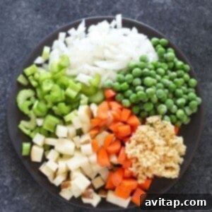 Chopped vegetables on a black plate accompany creamy chicken noodle soup.