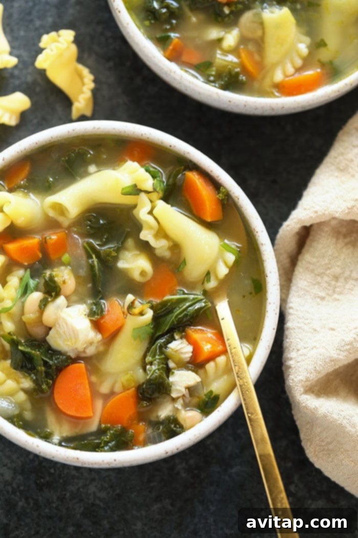 A beautifully presented bowl of Green Monster Spicy Chicken Noodle Soup, showcasing its rich texture and colorful ingredients, ready to be enjoyed.