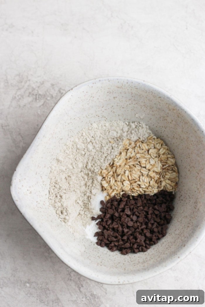 Wholesome Ingredients for Healthy Oatmeal Pancakes Close-up of a bowl containing oat flour, whole rolled oats, and dark chocolate chips, illustrating healthy ingredients for pancakes