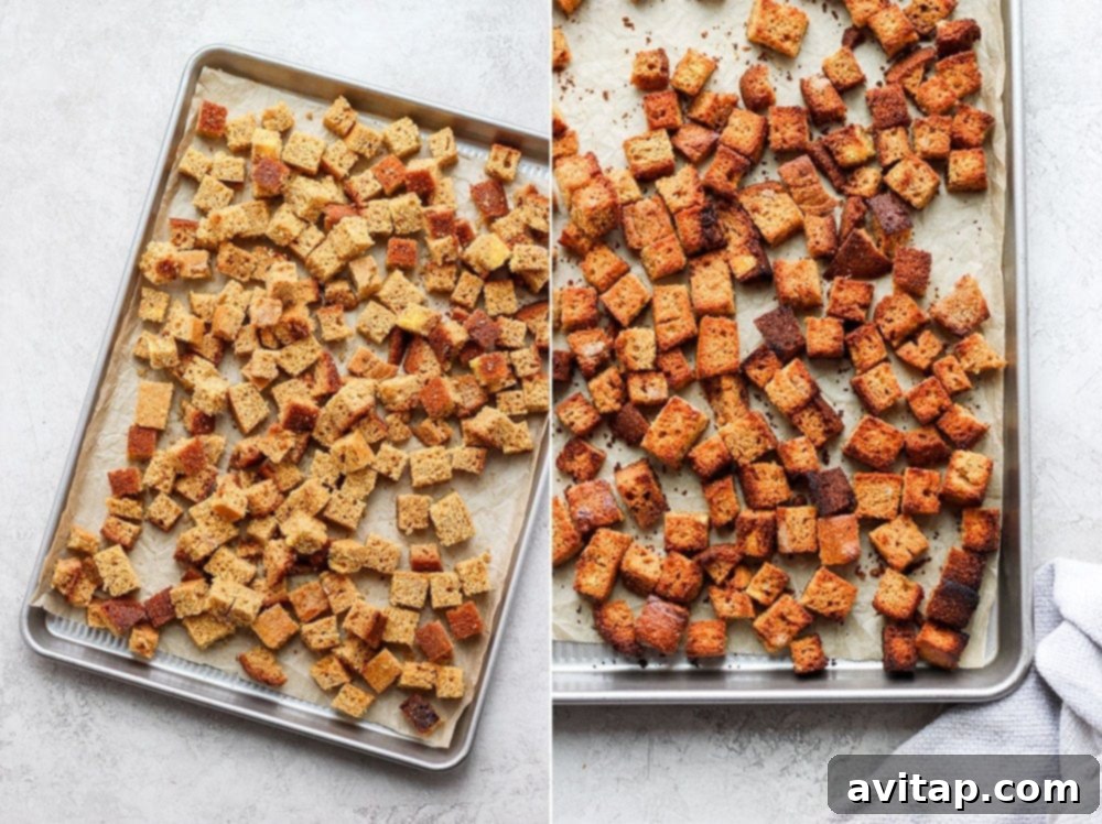 Close-up of diced cornbread pieces, ready to be toasted for stuffing.