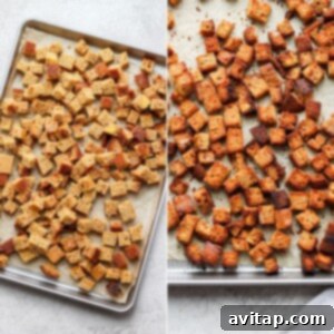 Two pictures illustrating cornbread cubes on a baking sheet before and after toasting into golden croutons.