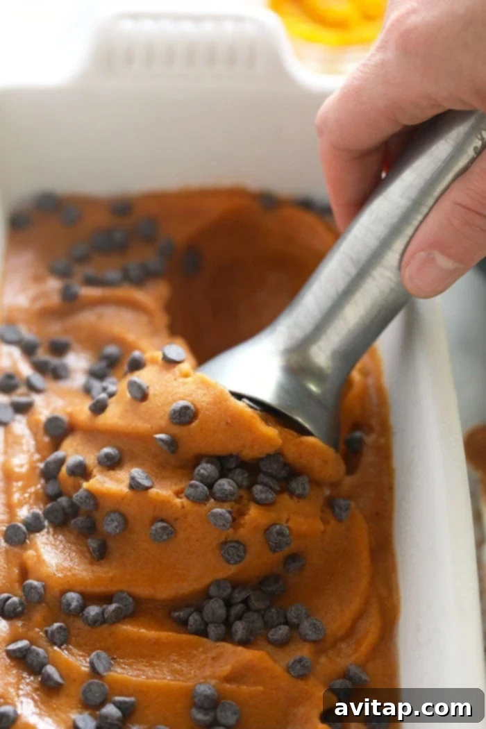 Delicious Pumpkin Pie Banana Nice Cream for Fall scooping nice cream out of container