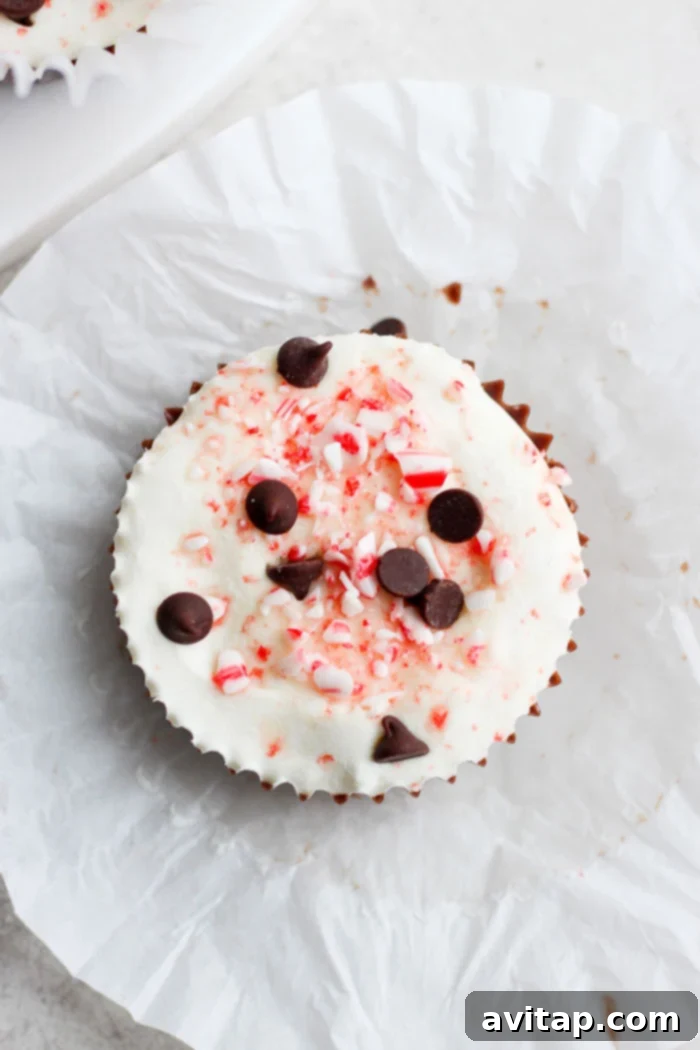 A close-up view of a single, perfectly formed keto-friendly Peppermint Bark Fat Bomb, highlighting the distinct layers of rich chocolate and refreshing peppermint, topped with delightful festive sprinkles.
