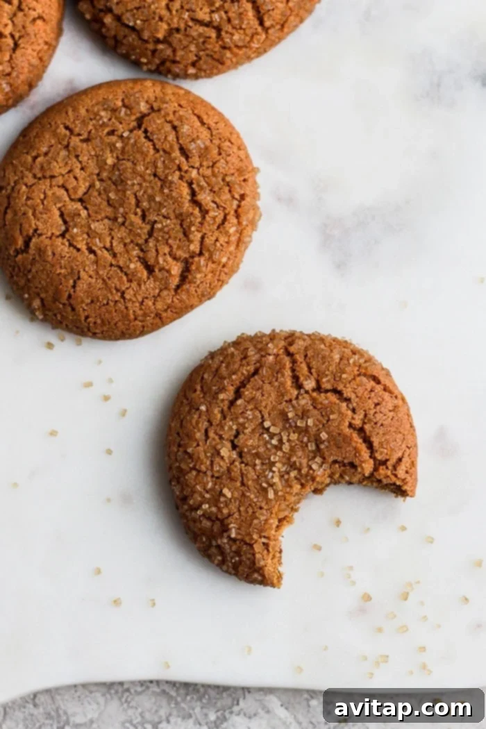 Close-up of a perfectly baked soft ginger cookie with a bite taken out, revealing its tender, chewy interior and crinkly sugar coating.