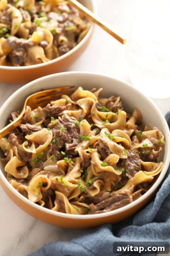 Instant pot beef stroganoff in a bowl, ready to serve.