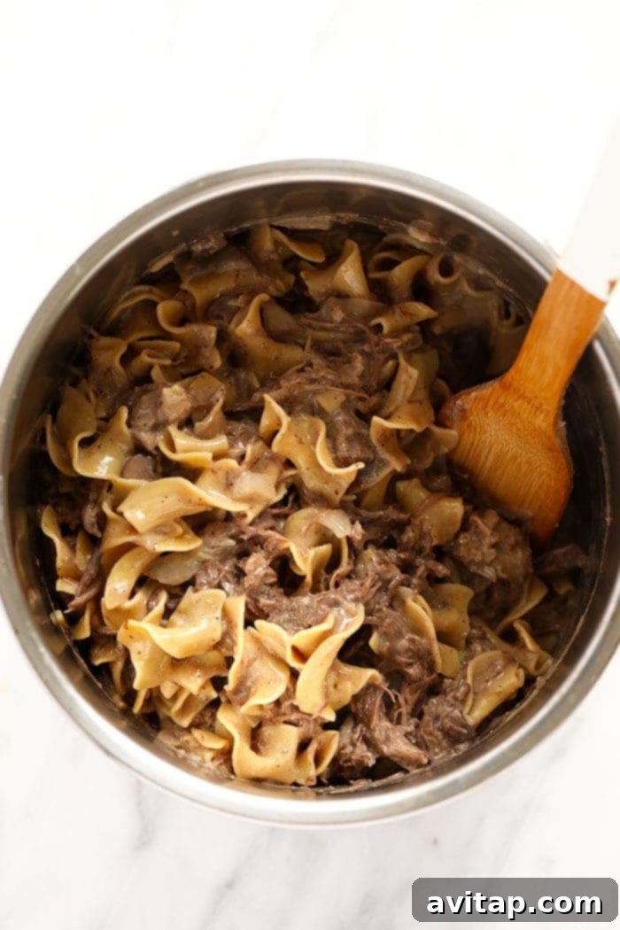Cooked Instant Pot Beef Stroganoff, garnished and ready to be served.