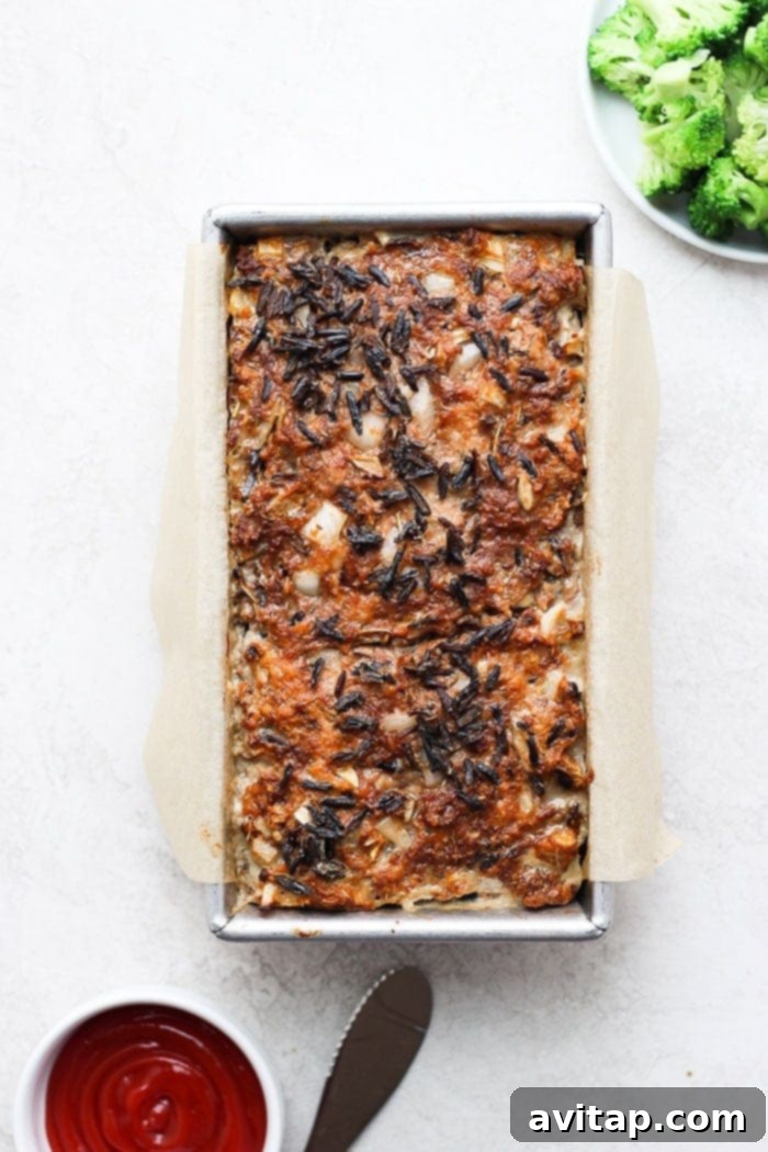 Wild Rice Meatloaf just out of the oven, topped with a rich ketchup glaze