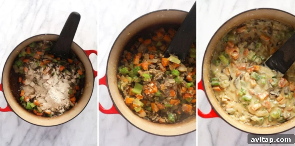 Detailed step-by-step image showing the preparation of a golden-brown roux, the essential thickening agent for a creamy casserole sauce.