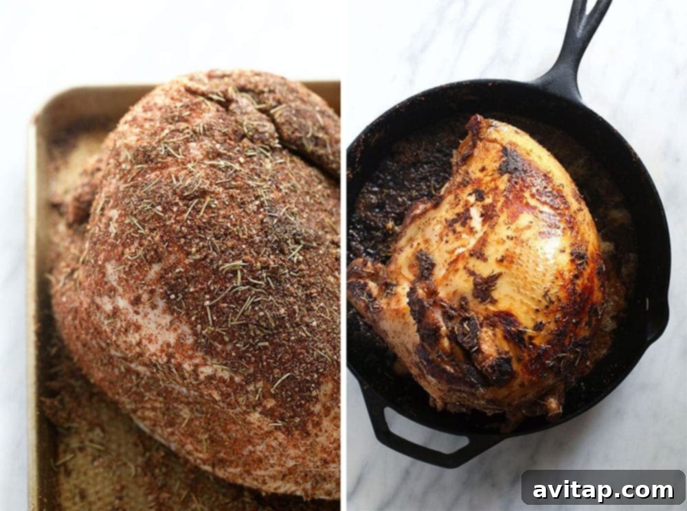 Perfect Sous Vide Turkey 3 A turkey breast generously coated with a dry rub, next to another turkey breast being seared in a hot cast iron skillet.