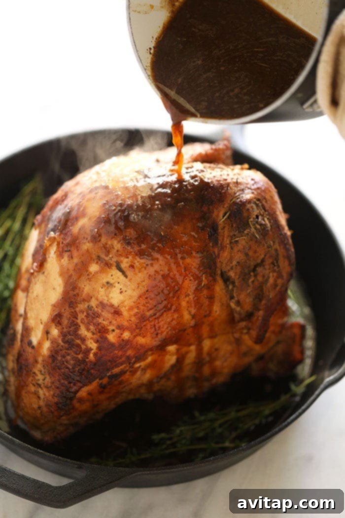 The most tender and delicious sous vide turkey A rich, flavorful white wine sauce being poured generously over the golden-brown sous vide turkey breast.