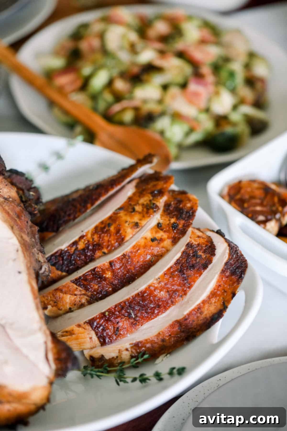 Perfect Sous Vide Turkey 5 A delicious plate featuring sliced sous vide turkey breast, vibrant roasted vegetables, and a spoonful of rich gravy.