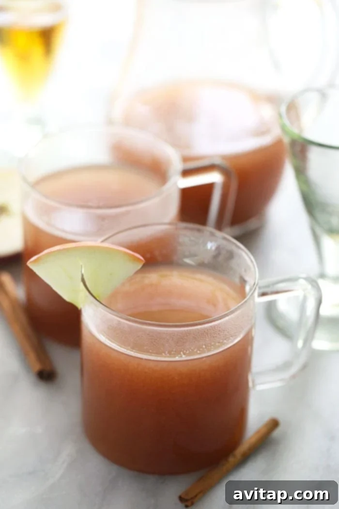 A glass mug filled with amber-colored Spiked Apple Cider, garnished with a vibrant apple slice and a rustic cinnamon stick, sits invitingly, promising warmth and fall flavors.