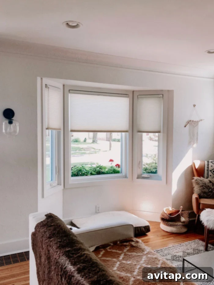 A charming bay window in a renovated home, beautifully adorned with new custom Hunter Douglas honeycomb shades, enhancing both light and privacy.