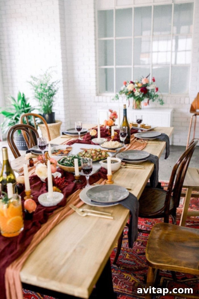 The holidays look a little bit different for everyone. One way you can celebrate is by throwing a Friendsgiving party - Friends + Thanksgiving! A beautifully set Friendsgiving table with rustic charm, featuring flowers, linen napkins, and an inviting arrangement of plates and glasses, perfect for a cozy meal.