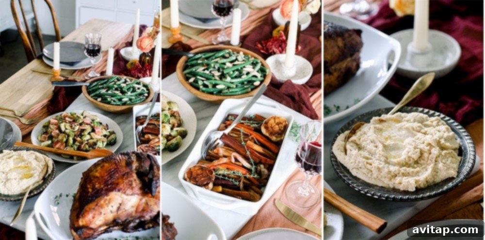 The holidays look a little bit different for everyone. One way you can celebrate is by throwing a Friendsgiving party - Friends + Thanksgiving! A vibrant display of diverse Friendsgiving food ideas, including savory main courses, colorful side dishes, and tempting desserts, all beautifully arranged on a rustic table.