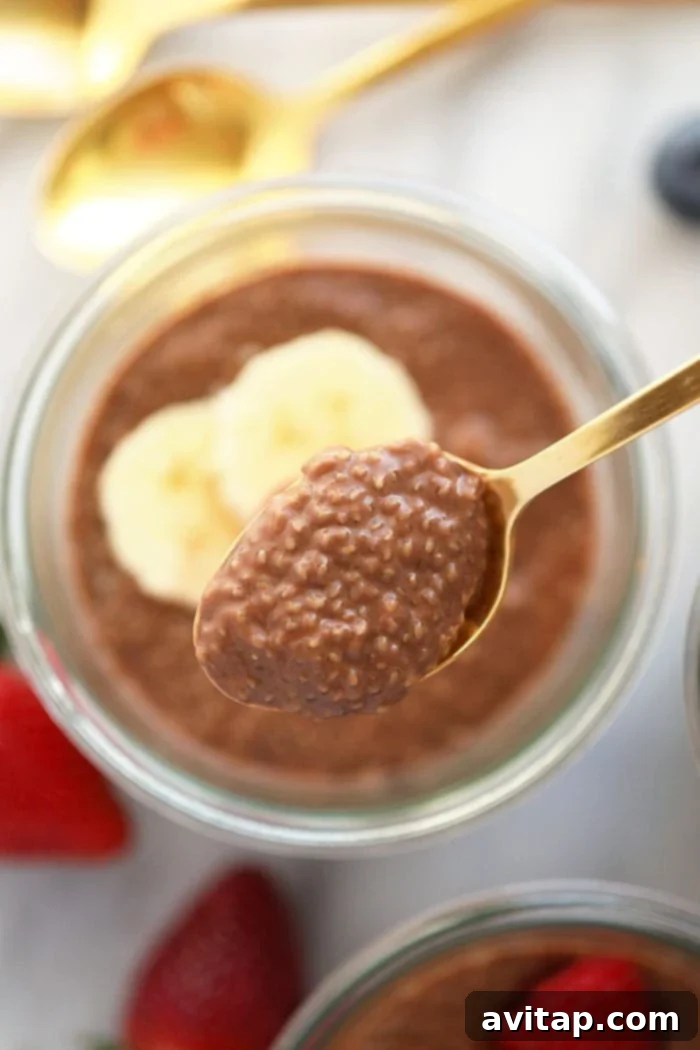 A spoon scooping up thick, creamy chia seed pudding.