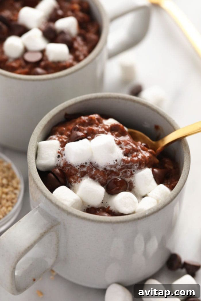 Slow Cooker Hot Cocoa Steel Cut Oats: Your Perfect Winter Breakfast A mug of hot cocoa steel cut oats topped with fluffy marshmallows, ready for a cozy breakfast.