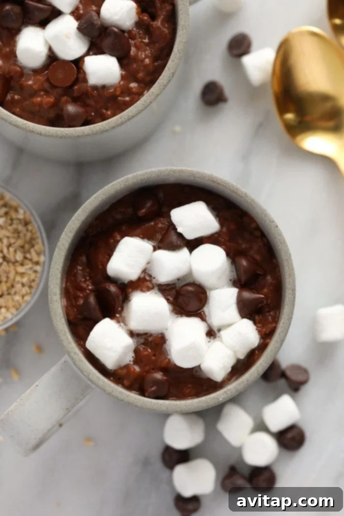 Indulgent Hot Cocoa Steel Cut Oats with Marshmallows A close-up of hot cocoa steel cut oats in a mug, generously topped with mini marshmallows.