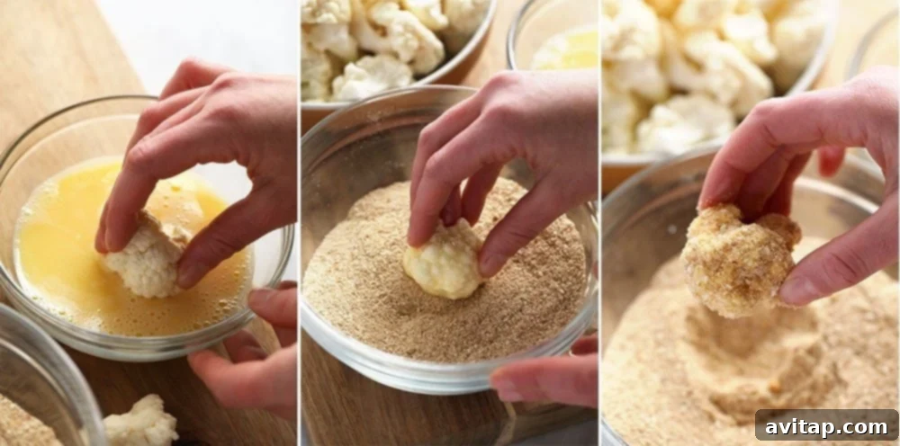 A step-by-step process showing raw cauliflower, then dipped in egg wash, and finally coated in breading.