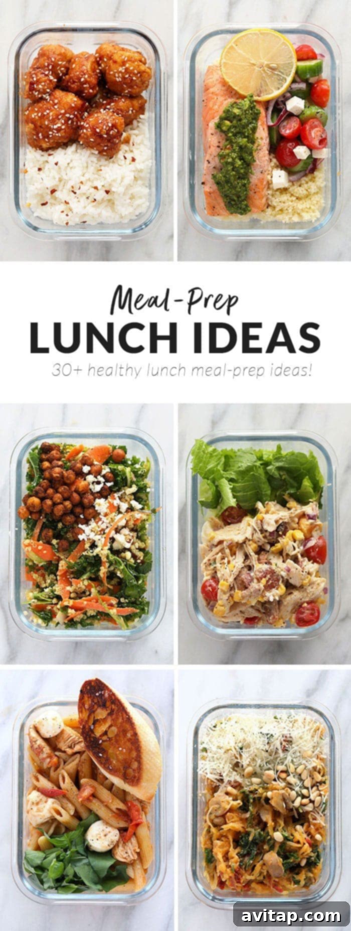 Assortment of healthy meal prep lunch ideas with three different containers showing diverse meals like salads, bowls, and pasta.