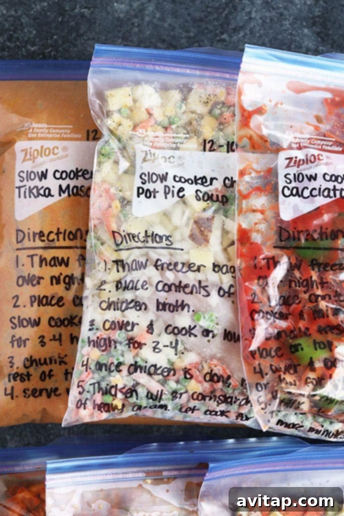 Four different freezer meal prep recipes displayed