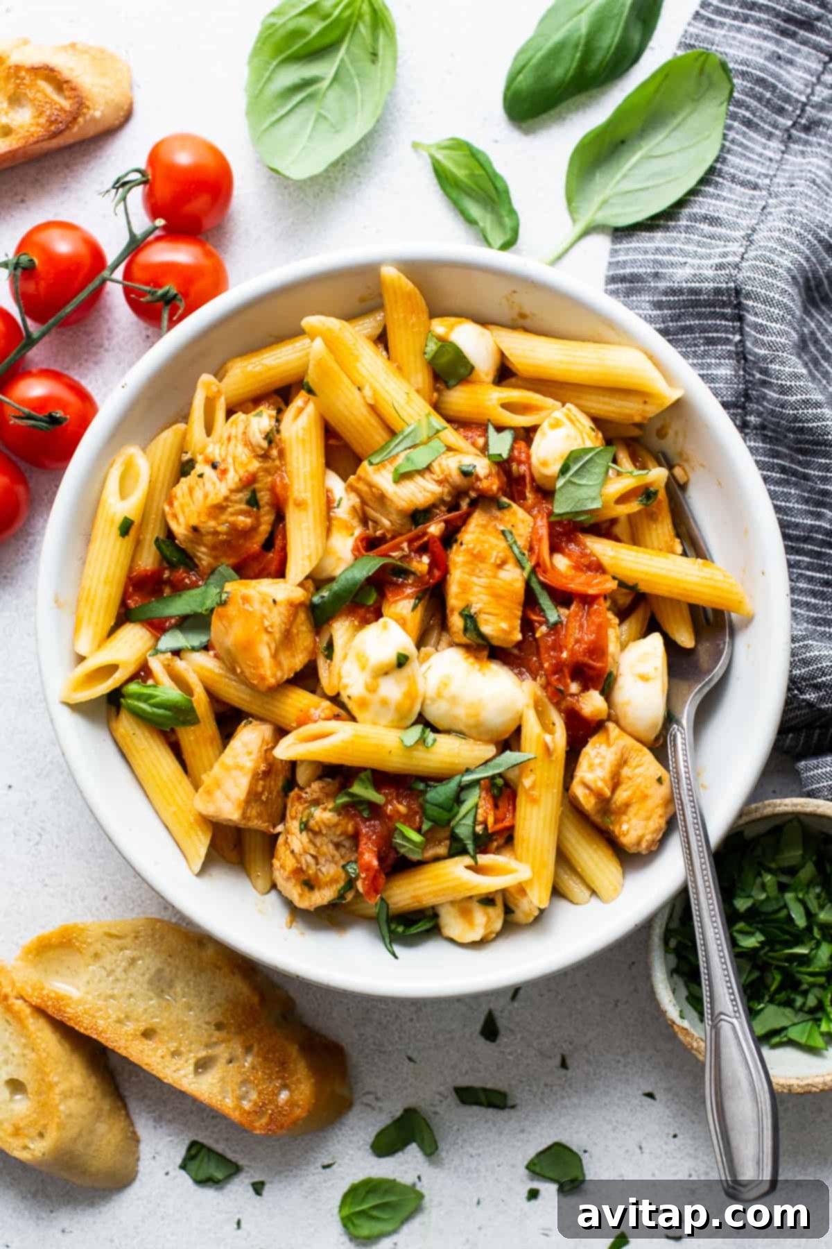 Delicious Caprese chicken pasta served in a white bowl with a side of golden-brown crostini.