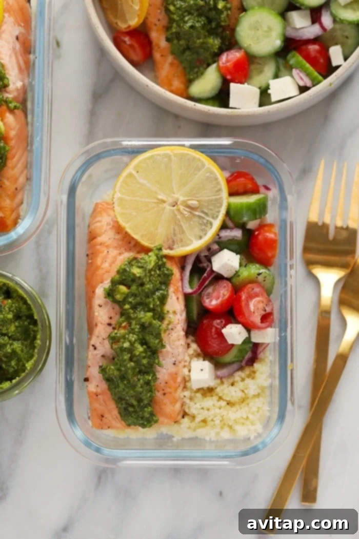 Ready-to-eat Salmon Meal Prep Multiple Mediterranean Salmon Meal Prep containers ready for the week