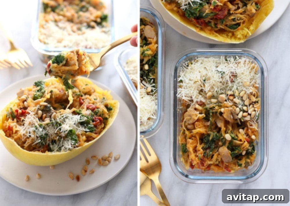 Portioned stuffed spaghetti squash in meal prep containers