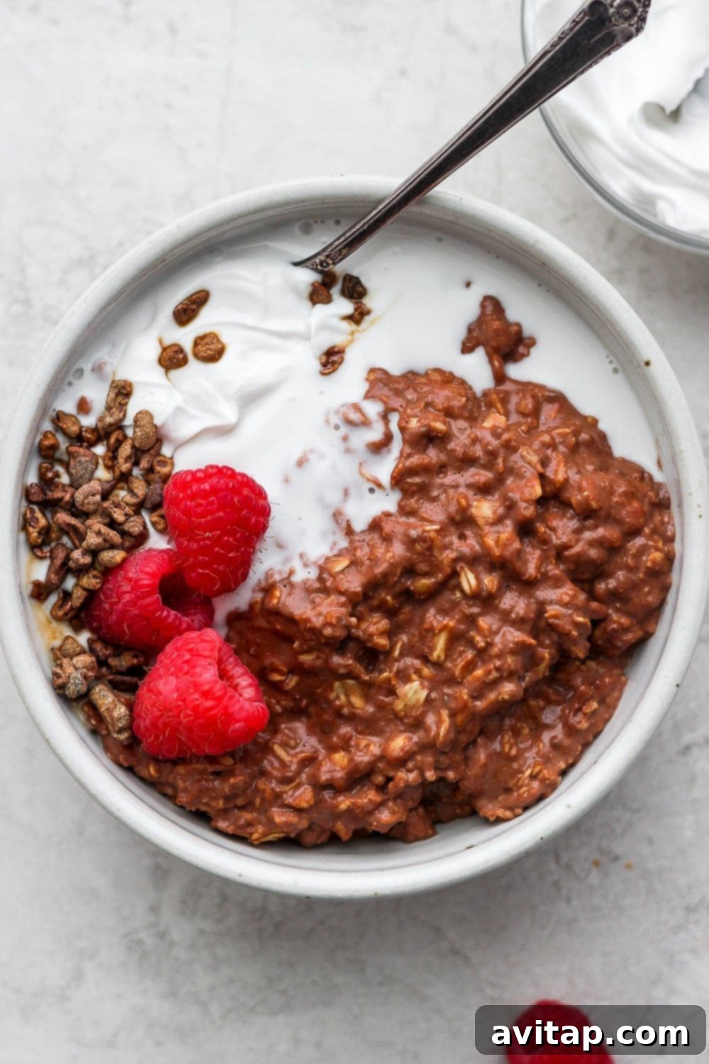 A decadent bowl of Chocolate Sea Salt Protein Oatmeal, crowned with fresh raspberries for a perfect finish. A gorgeous bowl of chocolate sea salt protein oatmeal, generously topped with fresh raspberries and a dusting of sea salt.