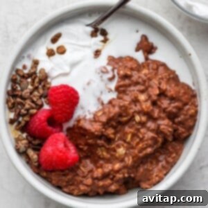 Decadent Chocolate Protein Oats 5 A beautifully garnished bowl of chocolate protein oatmeal with chocolate granola, fresh raspberries, and a dollop of whipped cream.
