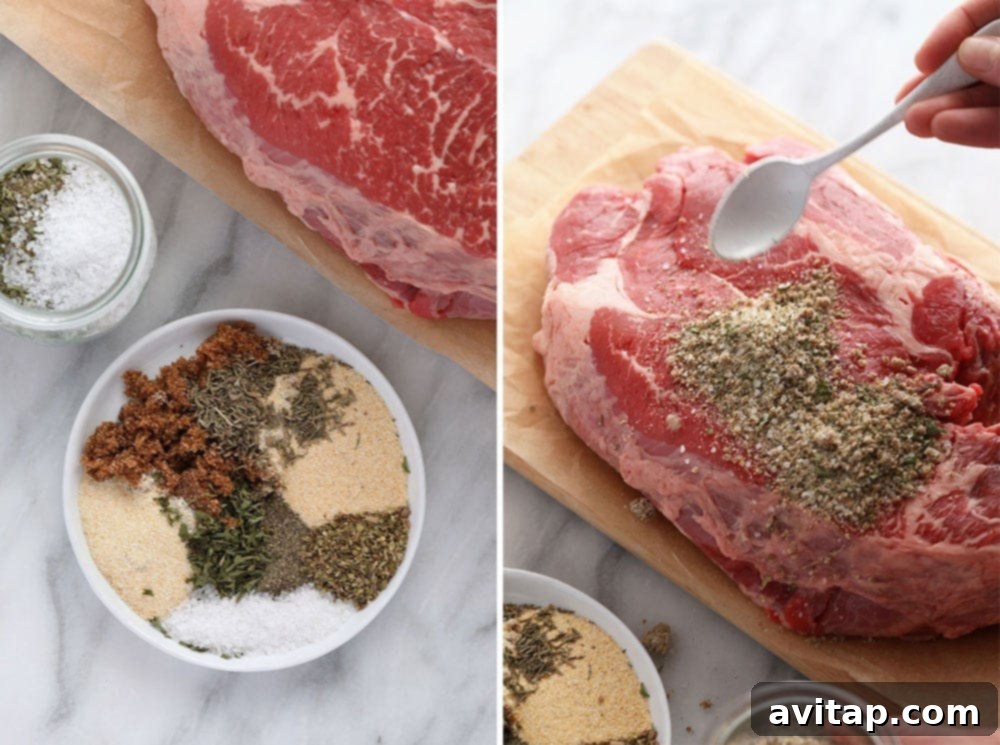 Chuck roast being seasoned with a rich spice rub before cooking in the Instant Pot
