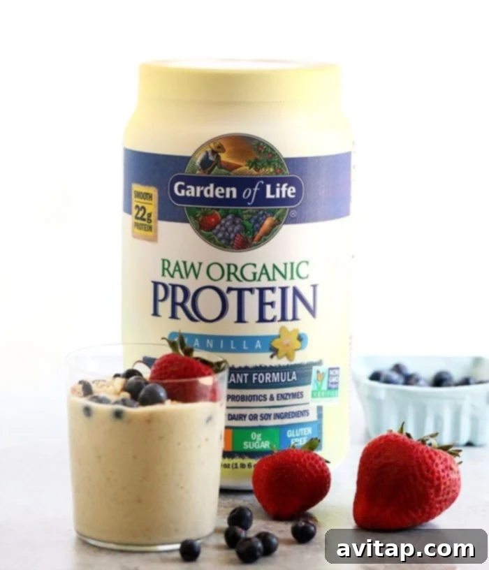 A container of Garden of Life vanilla protein powder, highlighting a popular choice for shakes.