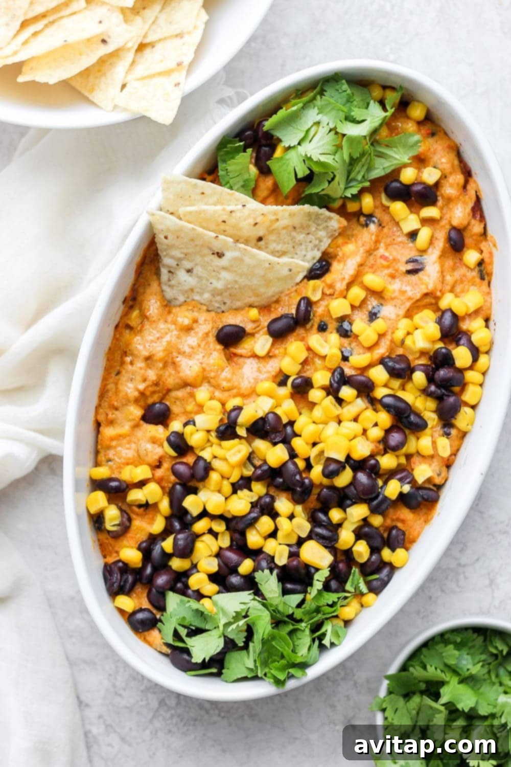 mexican street corn vegan queso dip in a dish ready to be served, garnished with fresh cilantro