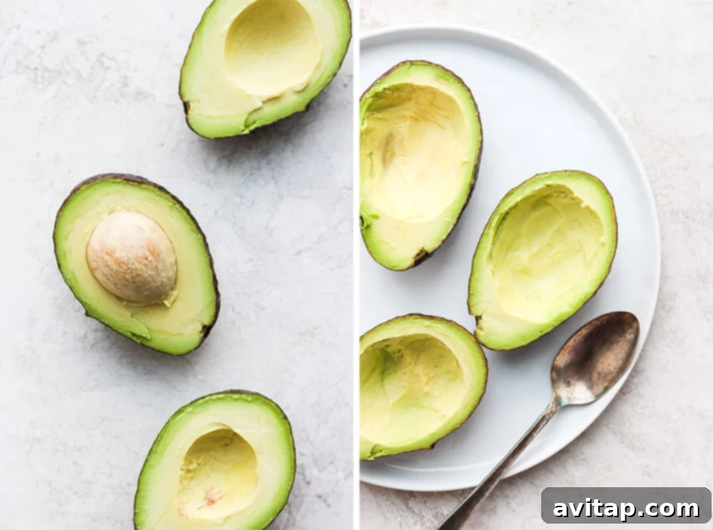 Hallowed out avocados for avocado egg bake, ready for eggs to be cracked into them.