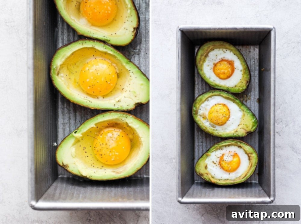 Two images side by side showing avocados before and after baking with eggs in them.