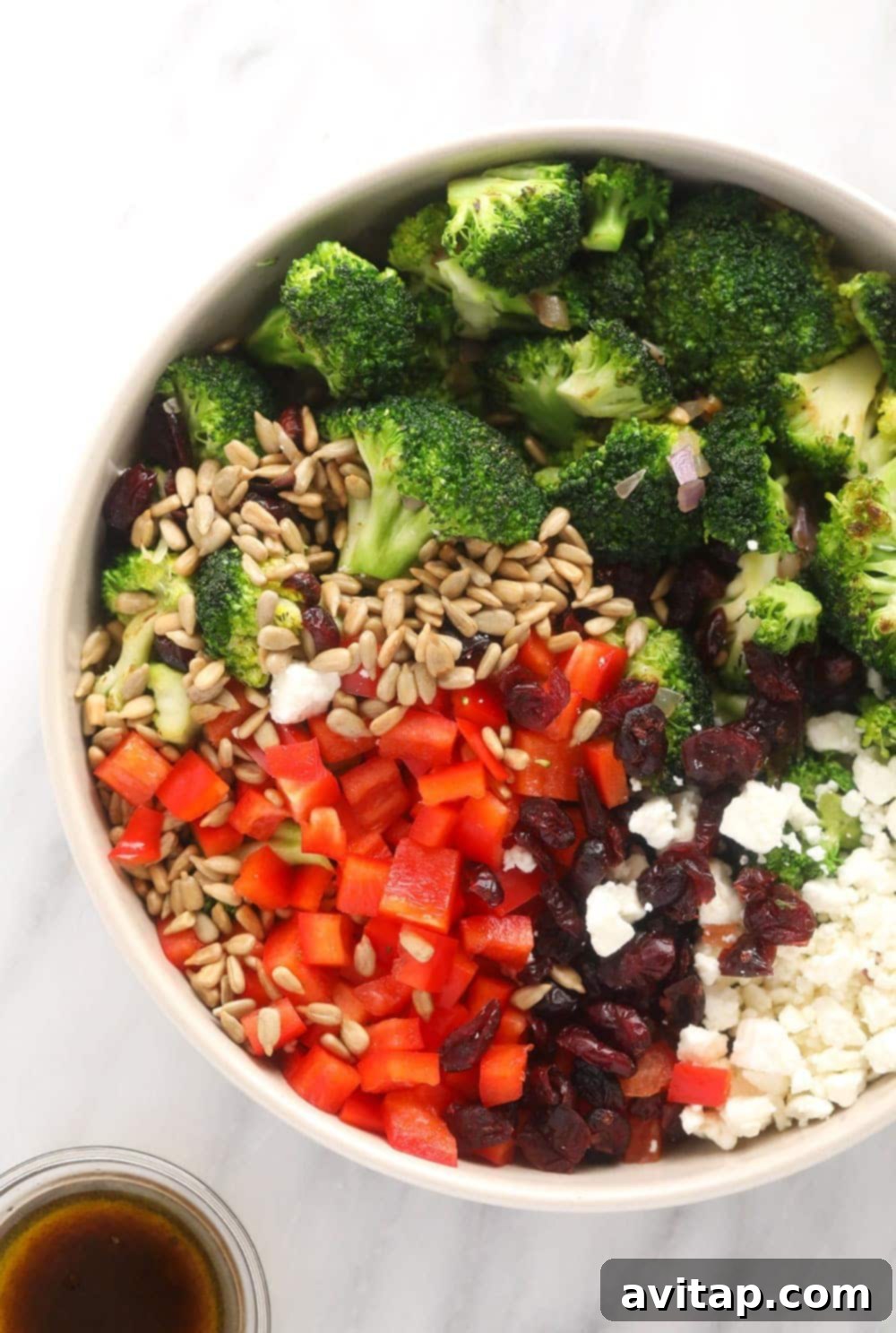 All the fresh ingredients for broccoli salad, including sautéed broccoli, red pepper, cranberries, and feta, artfully arranged in a bowl before final mixing