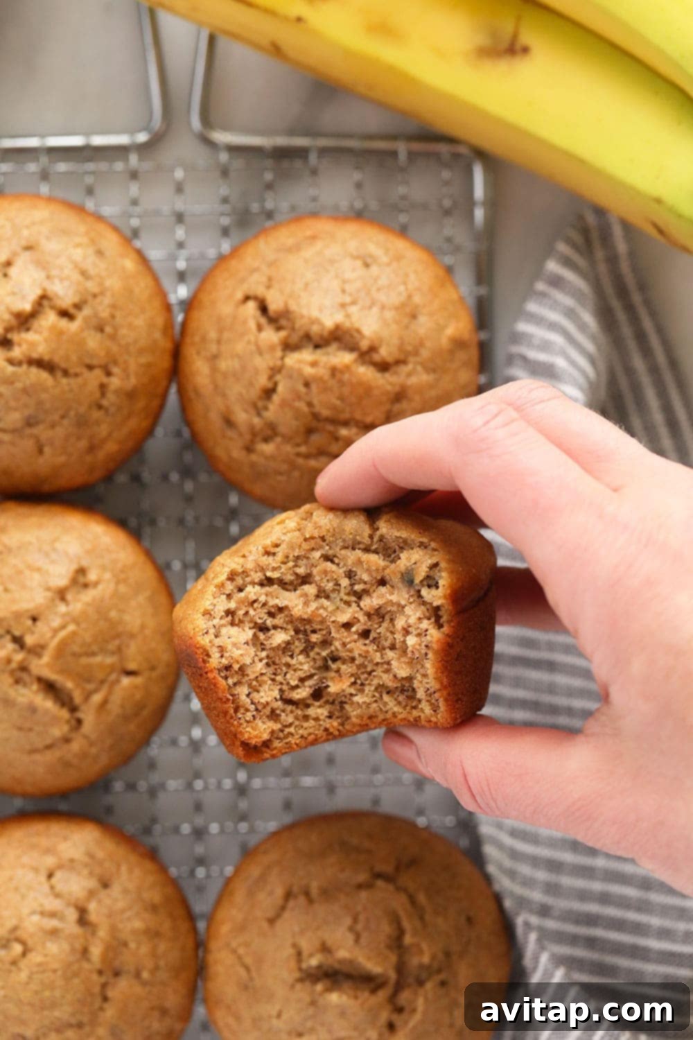 Hand Holding Muffin A hand holding a perfectly baked healthy banana muffin, ready to be enjoyed.